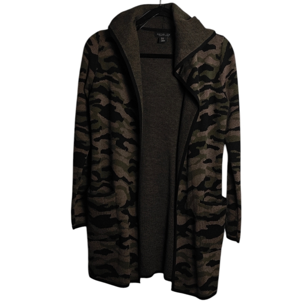 RACHEL ZOE Camouflage Hooded Open Knit Long Sleeve Cardigan Sweater Size XS